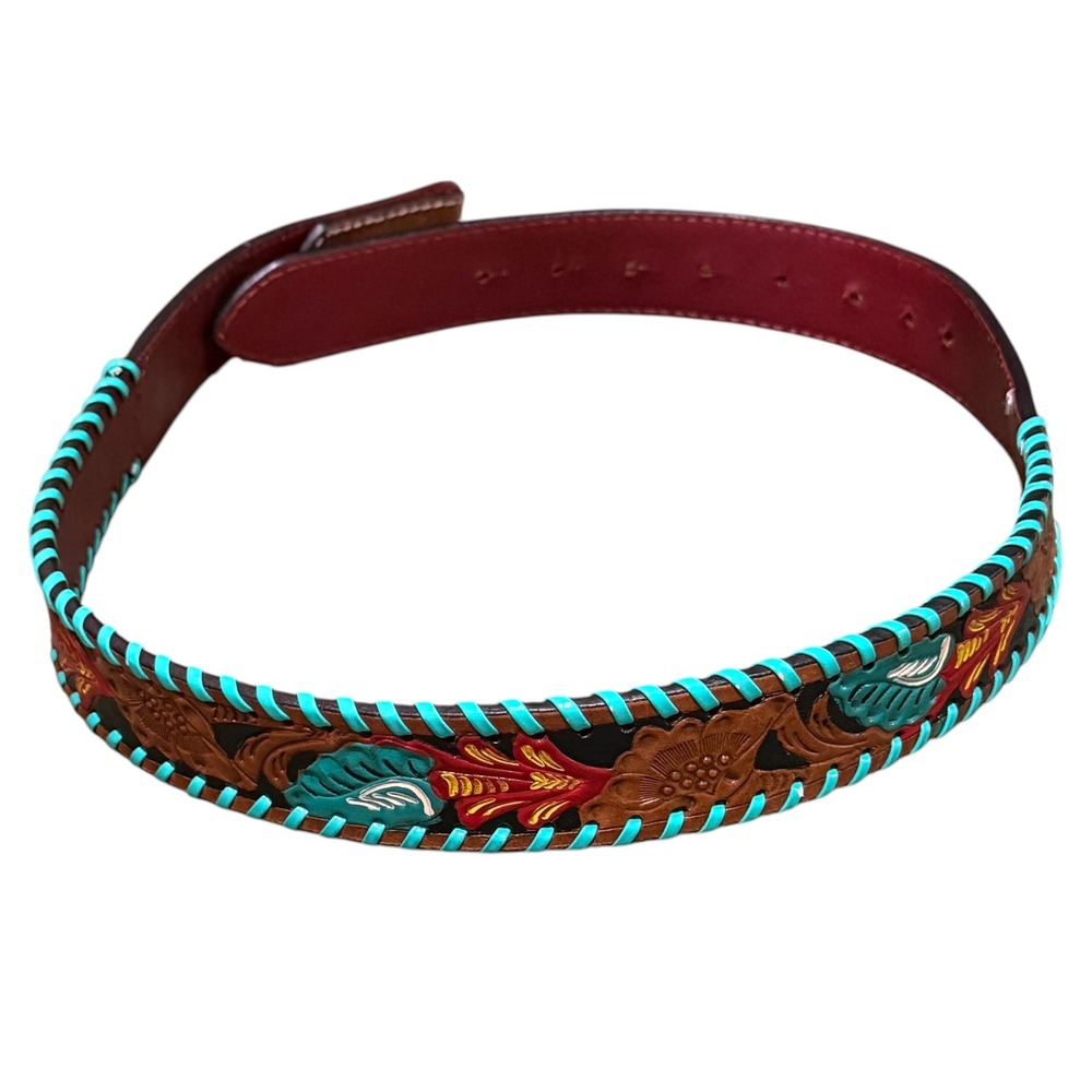 Western Tooled Leather Belt Turquoise Whipstitch Floral Hand Painted Brown 40in